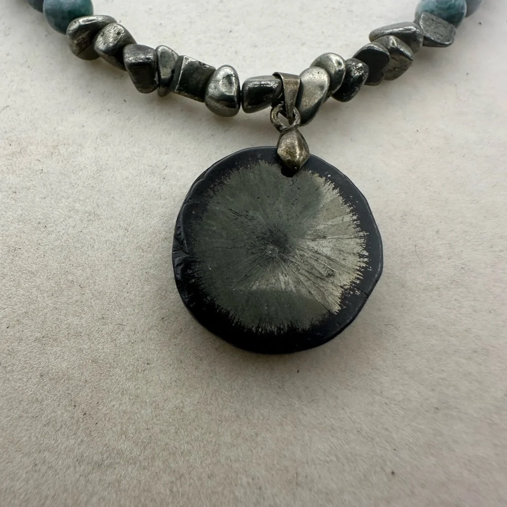 Pyrite and Jade Beaded Necklace with Pyrite Sun Pendant
